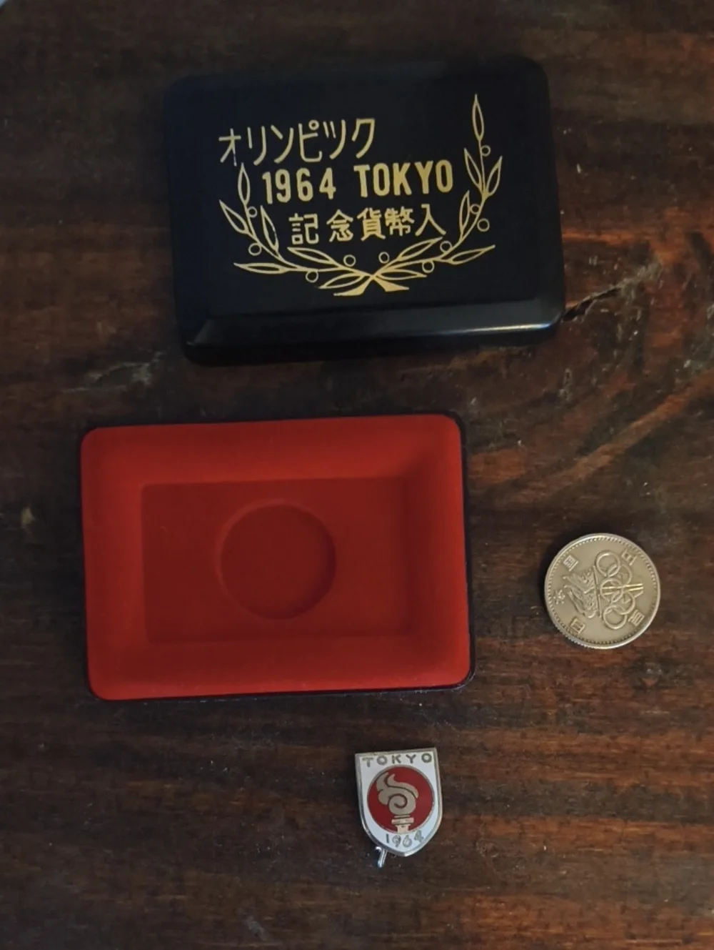 Olympic Collectors! 1964 Tokyo Olympic Pin in Red and White, 100 Yen Coin & Box